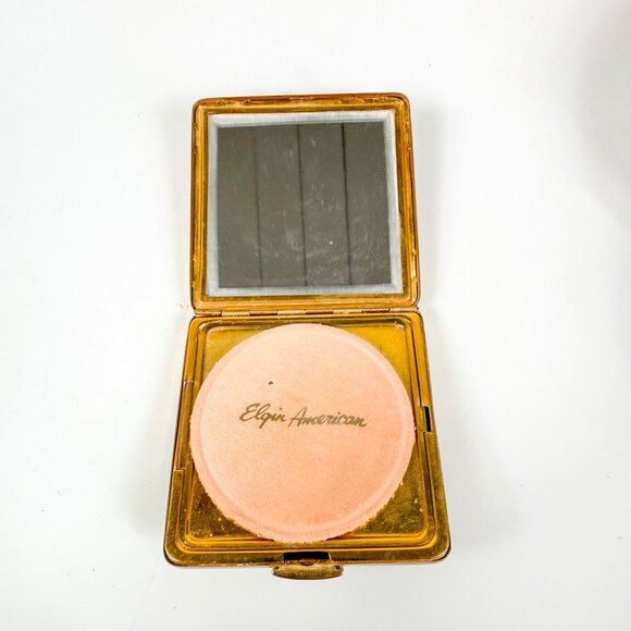Elgin American Gold Tone Square Powder Compact Case Black Seed Beaded - Picture 5 of 7